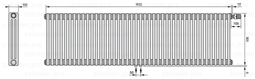 Схема (чертеж) Радиатор Zehnder Charleston 3090/42 №V008 Белый глянцевый RAL 9016